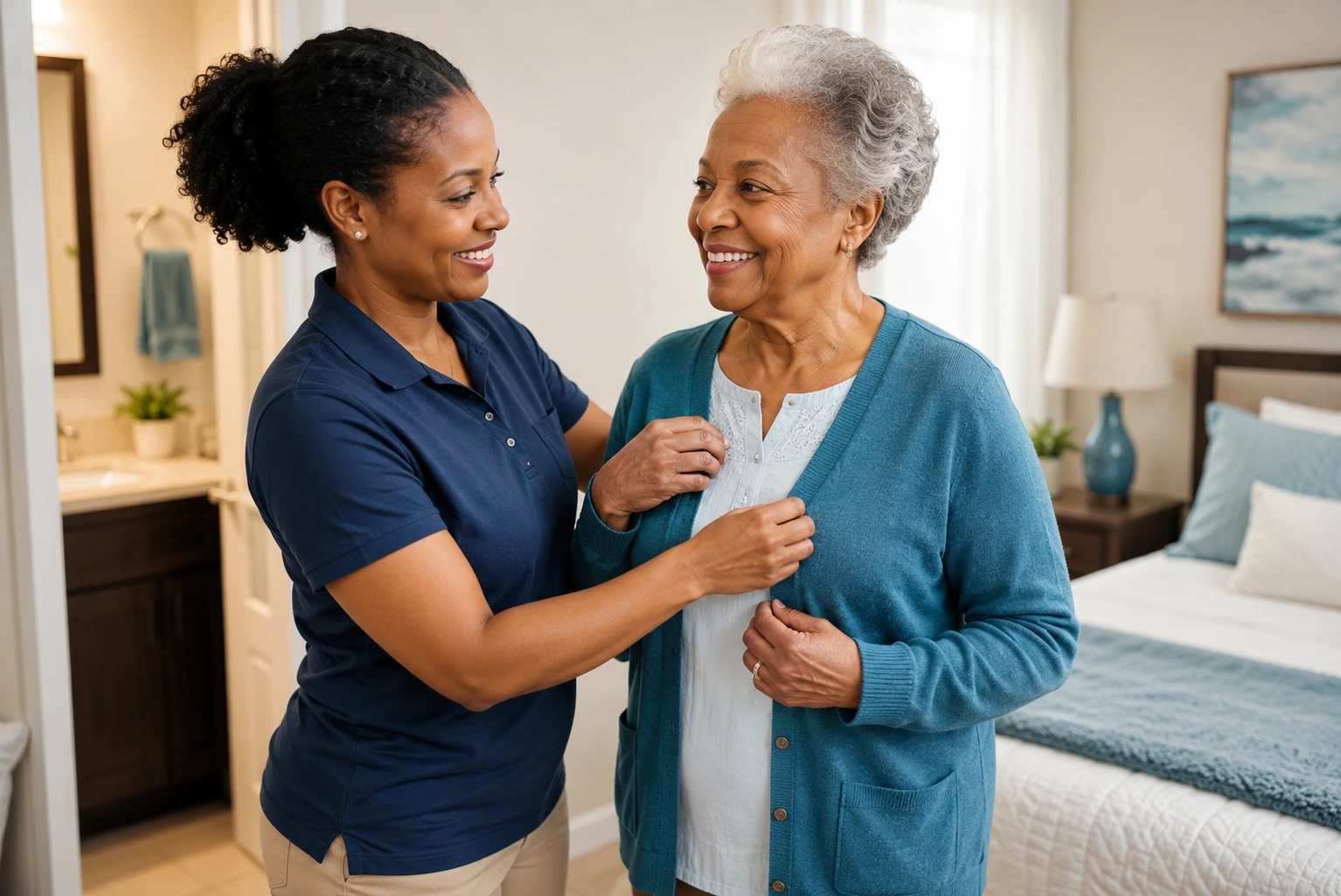 Caregiver helping senior with dressing support in a calm home bedroom.