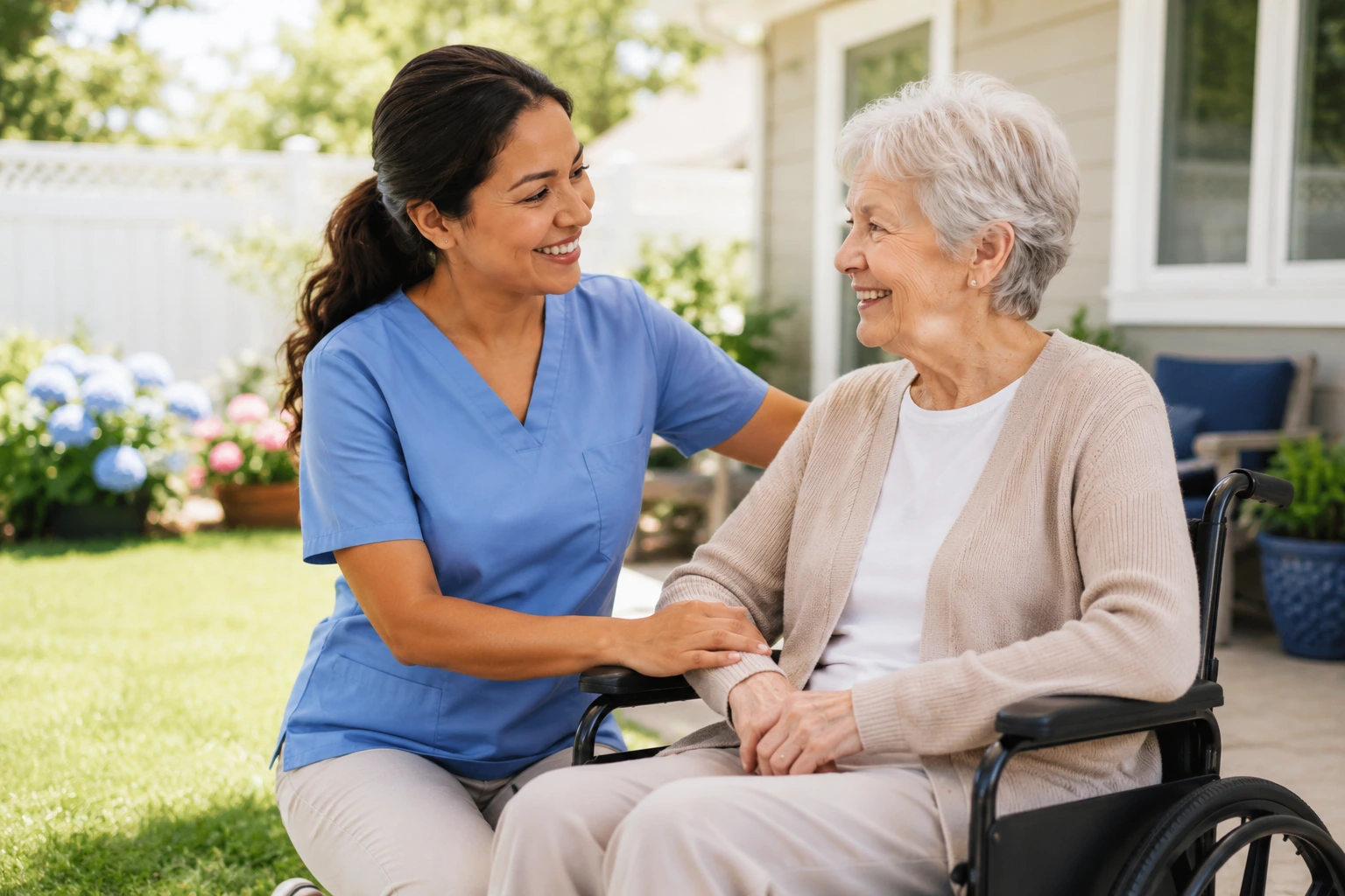Home health aide assists a smiling senior in a wheelchair in a sunny backyard.