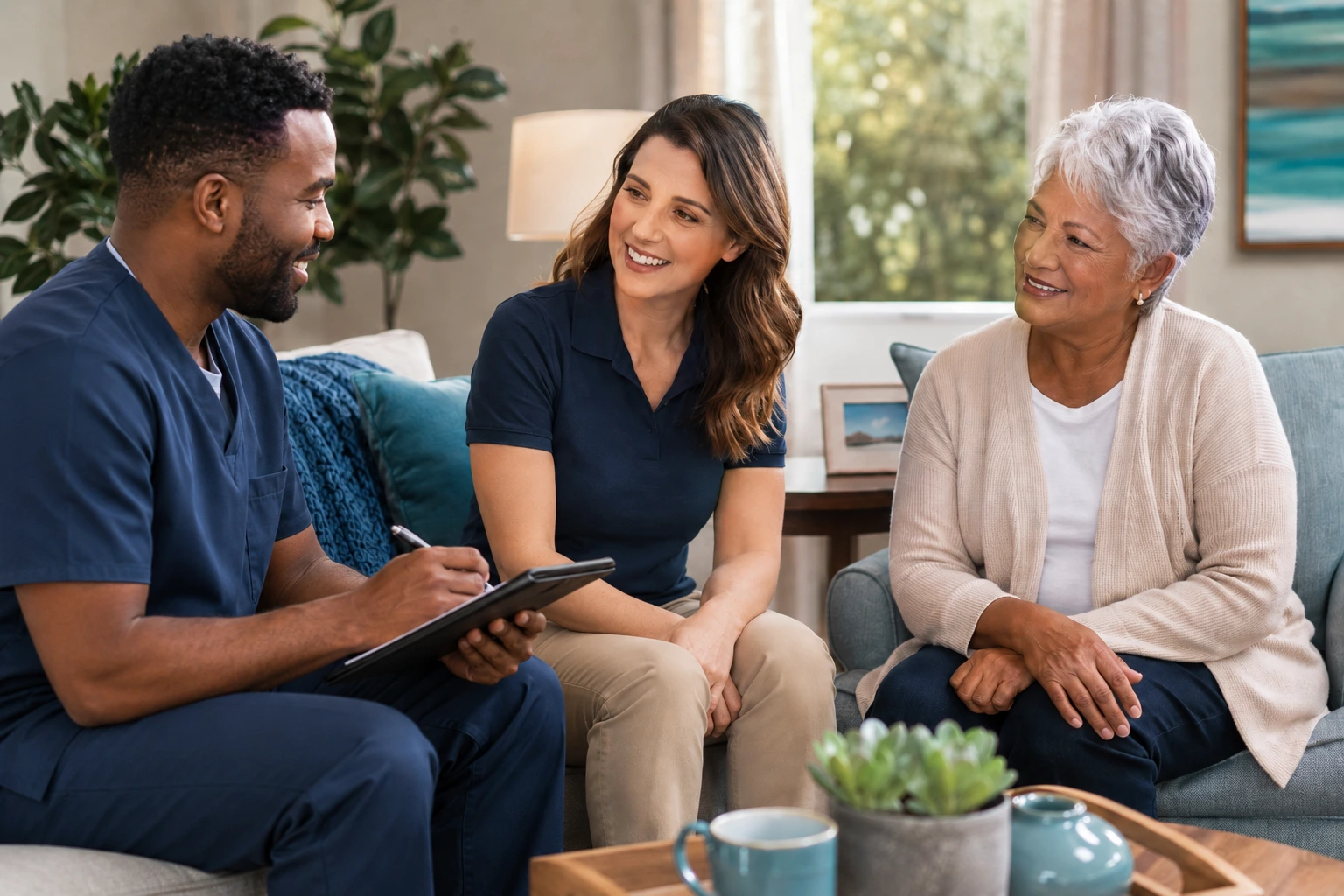 Professional caregiver in uniform discussing private home care with an adult child and elderly parent in a comfortable living room.