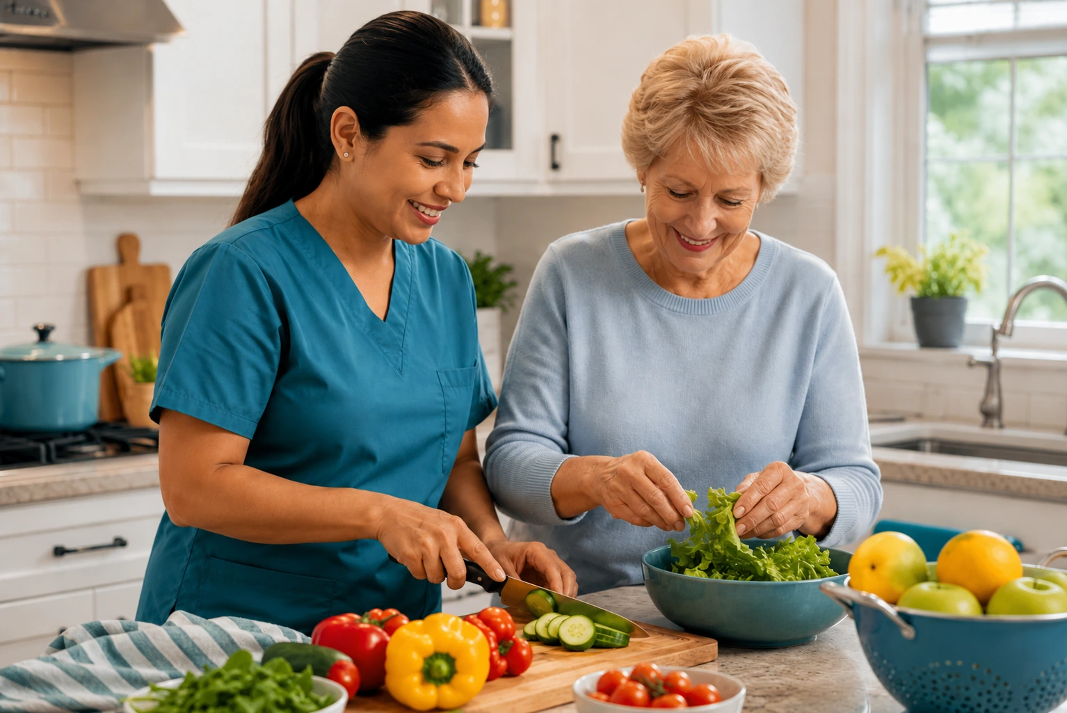 Caregiver and elderly woman preparing a healthy meal together in a bright home kitchen.